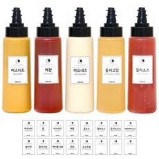 투웨이 흐르지 않는 원터치 굵기 조절 인생 소스통 블랙 5P (모던 스티커 16종 포함), 5개, 350ml