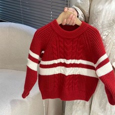 歐寶唄兒童毛衣 男女童紅色秋冬季新款加厚套頭針織圓領百搭上衣