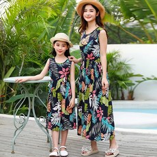 DFMEI 女童連衣裙親子夏裝沙灘裙中大童女孩甜美度假風無袖時髦公主裙子