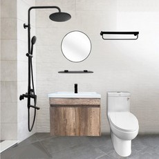 洗樂適衛浴-新北五股夏綠地 六件式衛浴套餐組 (噴射馬桶、面盆浴櫃、霧黑龍頭花灑、放衣架、黑框圓鏡), 白色