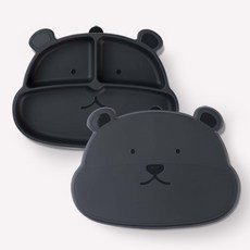 마미스테이블 유아용 먹자곰 흡착 푸드그레이드 실리콘 식판, 블랙, 1개, 식판 + 뚜껑