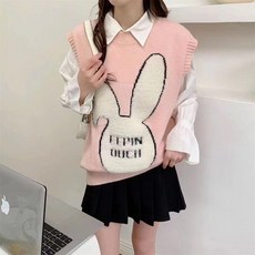 TKX 니트베스트 여성 빅사이즈 귀여운 토끼 캐릭터 레이어드 조끼 가을 겨울