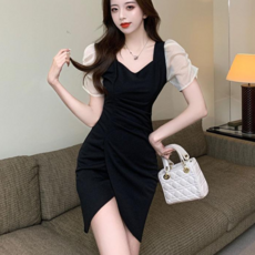 JQS 홀복 스퀘어넥 셔링 섹시 미니 원피스 1263