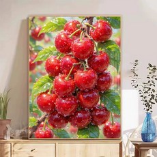 보석십자수 액자형 탐스러운 붉은 체리 빨간 과일 재물 복 비즈 액자 포함 세트, 1개, 32x42cm