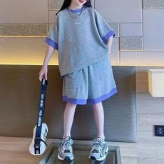 로르카 14세 이상 사용 가능 아동용 라운드넥 반팔 티셔츠 반바지 루즈핏 캐주얼 트레이닝복세트 D01032917