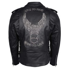남성용 이글 엠보싱 Live To Ride - 클래식 블랙 가죽 오토바이 바이커 재킷 블랙. 149453, Large