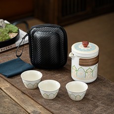 質感日式便攜旅行茶具 一壺三杯, 白/古韻一壺三杯/小黑包, 1個