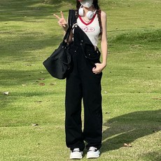 Yellwel 데님 서스펜더 팬츠 여성 여름신상 하이웨이스트 슬림핏 루즈핏 스트레이트 와이드레그 팬츠 DJP