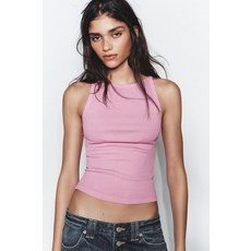 ZARA 자라 워싱 페이크 리브드 홀터넥 탑 - 로즈핑크 121470