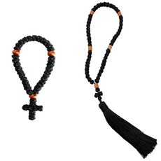 블랙 Chotki 기독교 정교회 기도 로프 2개 50매듭 수제 그리스 Omboskoini 기도 로프 33매듭 보호 축복 십자가 참 태슬 자동차 걸이 참 크리스마스 선물