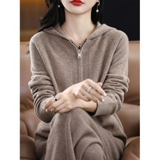 봄 후드100 캐시미어 긴팔 집업 니트 카디건 여 루즈핏 울 순색 후드 코트 상의