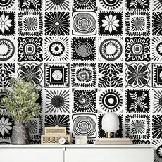 Decotalk 모로코 벽지 필 앤 스틱 블랙 앤 화이트 타일 벽지 보헤미안 벽 페이퍼 44.5 x 304.8cm(17.5 x 120인치) 타일 접촉 용지 캐비닛 및 서랍용 보, Decotalk 모로코 벽지 필 앤 스틱 블랙 앤 화이