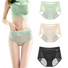 바이유 여성용 아이스실크 샘방지 무봉제 중허리 위생 생리팬티 3종 세트