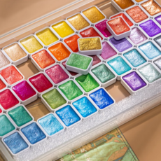 메탈릭 펄 수채화물감 글리터 반짝이 고체물감 캘리그라피 전문가용, 24색, 1ml