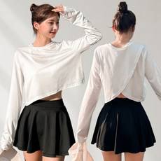 44~66/자체제작 비키비키 오프닝 래쉬가드 UPF50+ 백오픈 루즈핏 여리핏 라운드 긴팔 크롭 스윔웨어 워터밤 워터파크 2C, 화이트