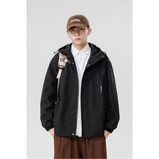 CHAODA 大尺碼防潑水防風連帽衝鋒外套 戶外休閒薄款夾克 (黑色 4XL)
