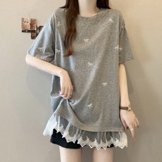 해피유통러블리 리본 장식 레이스 프릴 반팔 티셔츠 여성 빅사이즈 중기장 여름 상의