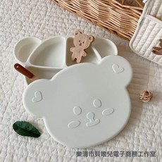 韓系寶寶餐盤吸盤式嬰兒硅膠餐具小熊分格盤兒童卡通學吃飯輔食碗, 1個, 米白色 小熊吸盤餐盤:1個