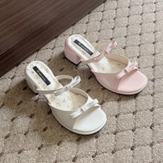 슈뿐 더블 리본 스트랩 통굽 뮬 슬리퍼 미들힐 샌들(5cm)