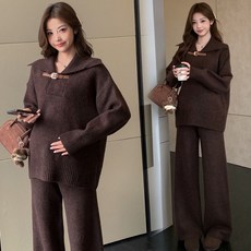 봄 가을 임산부 투피스 세트 루즈핏 임부 긴팔 후드 니트 + 와이드 팬츠 세트 프렌치 임산복 세트 QXX