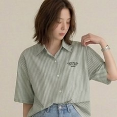 오브나인 스트라이프 레터링 자수 루즈핏 반팔 셔츠 카라 남방 (2color)