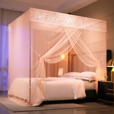 家用蚊帳 加厚支架 單門 雙人床 四方蚊帳 居家布藝 單人/雙人/加大/特大/超大, 玫瑰-玉色【單蚊帳】,床1.0x2.0米