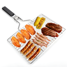 스테인리스 우드 핸들 접이식 캠핑 바베큐 그릴 바스켓, 실버