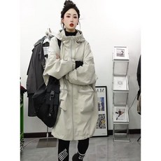 歐貨連帽中長款休閒外套女 寬鬆百搭衝鋒衣