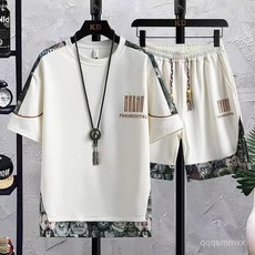 男士夏套裝 男冰絲國風套裝 短袖T恤短褲兩件套 男裝一套搭配 帥氣 休閒運動衣服 五分袖五分褲套裝 短T抽繩鬆緊腰短褲