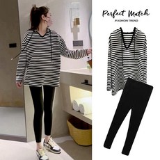 가을 루즈핏 나른한 바람막이 슬림해 보이는 스트라이프 후드 수유 맨투맨+레깅스 세트