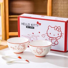 산리오 헬로키티 도자기그릇 2P 숟가락 2P 선물세트, 화이트, 1박스