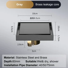발바닥 드레인 1010cm 냄새 방지 목욕 배수 탈취 광장 DIY 블랙 샤워 필터 플러그 커버 파이프 304 스테인, 01, 01 10x10cm, 08 Grey-Brass