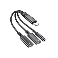 轉接線 OTG轉接頭 Type-C轉3.5mm三合一 充電PD60W適用於i15/16/17 音頻轉接線, 1個, 黑色-三線雙音頻+OTG+充電