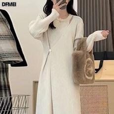DFMEI 니트 원피스 여자 이너 긴팔 키 작은 롱스커트 롱 스웨터 스커트 연령감소 스커트
