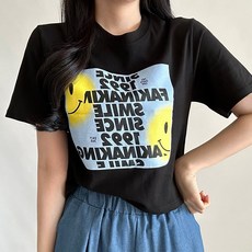 비토샵 여성 스마일 프린팅 레터링 세미크롭 반팔티셔츠