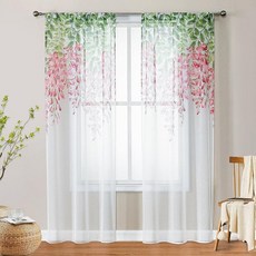 WUBODTI 플로럴 시어 커튼 핑크 등나무 꽃 패턴 커튼 시어 2 패널 인조 리넨 그린 리프 드레이프 거실 침실 소녀 방 튤 보일 창문 트리트먼트 너비 99.1cm x 길