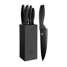 MasterChef 주방 나이프 세트 커버 포함 가정 주방용 전문 셰프 6개 매우 날카로운 커팅 스테인리스 스틸 블레이드 보호 칼집 부드러운 촉감의 이지 그립 핸들 에센셜 블랙, Knives with Block, Black