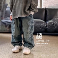 兒童牛仔褲春秋長褲寬鬆潮酷炸街褲子