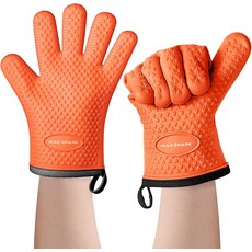 MAD SHARK 실리콘 오븐 장갑 손가락이 달린 방수 및 미끄럼 방지 오븐 장갑 면 안감 실리콘 오븐 장갑 요리 바비큐를 굽는 주방 장갑 여성(녹색), Orange, 1개