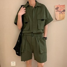 반바지 점프수트 여름 남자 캐주얼 작업복 남성 루즈핏 반팔 점프슈트 세트