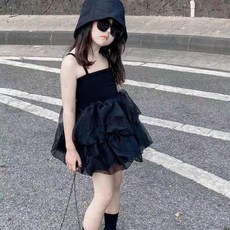 good 小黑裙夏款韓範小女孩吊帶裙女寶寶網紗蓬蓬裙兒童無袖公主裙
