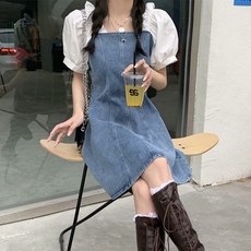 Yellwel 빅사이즈 여성복 투명한 복고풍 스타일 가짜 두 조각 청치마 원피스 DJP