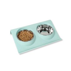 이중 강아지 사료 그릇 스테인리스 스틸 - 무게감 있는 미끄럼 방지 베이스가 있는 강아지 사료 및 물 그릇 세트 - 미끄럼 방지 디자인 - 강아지 고양이 새끼 고양이 소형 중형, Blue
