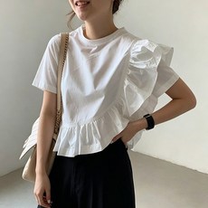 하늘비즈 여성 여름 라운드넥 반팔 티셔츠 프릴 블라우스 패션 캐주얼 스타일 톱