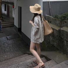 老錢風休閒襯衫短褲套裝女夏季, 原麻色