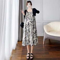 여름 봄 가을 셔링 루즈핏 캐주얼 여성용 스트랩 플라워 프린트 롱 원피스