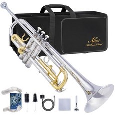 초보자를 위한 ALLSET Bb 표준 트럼펫 | 학생 밴드 오케스트라 프로 수준의 공연 하드 케이스 7C 마우스피스 및 클리닝 키트가 포함된 프로페셔널 브라스 키트 골드, silver, 1개