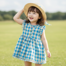 몽실이 미니플라워 블루체크 원피스 모자세트