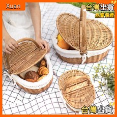 藤編帶蓋野餐籃 水果收納籃 野餐提籃 野餐道具 野餐用品 收納籃, 1個
