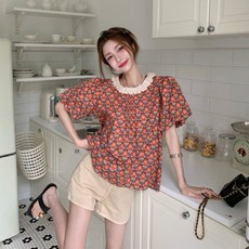 투니스 여성 루즈핏 빈티지 플라워 프릴 스플라이싱 반소매 셔츠